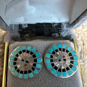 Zuni Turquoise and Black Round Earrings